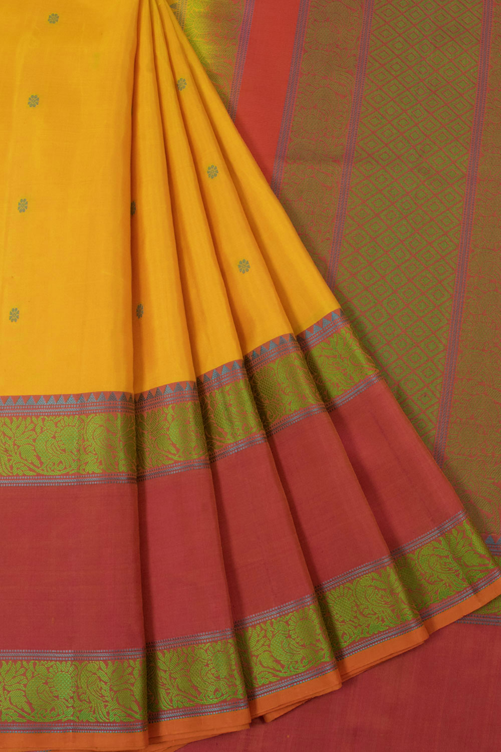 Handloom Threadwork Kanjivaram Pure Silk Saree with Floral Motifs and Thandavalam, Peacock Border
