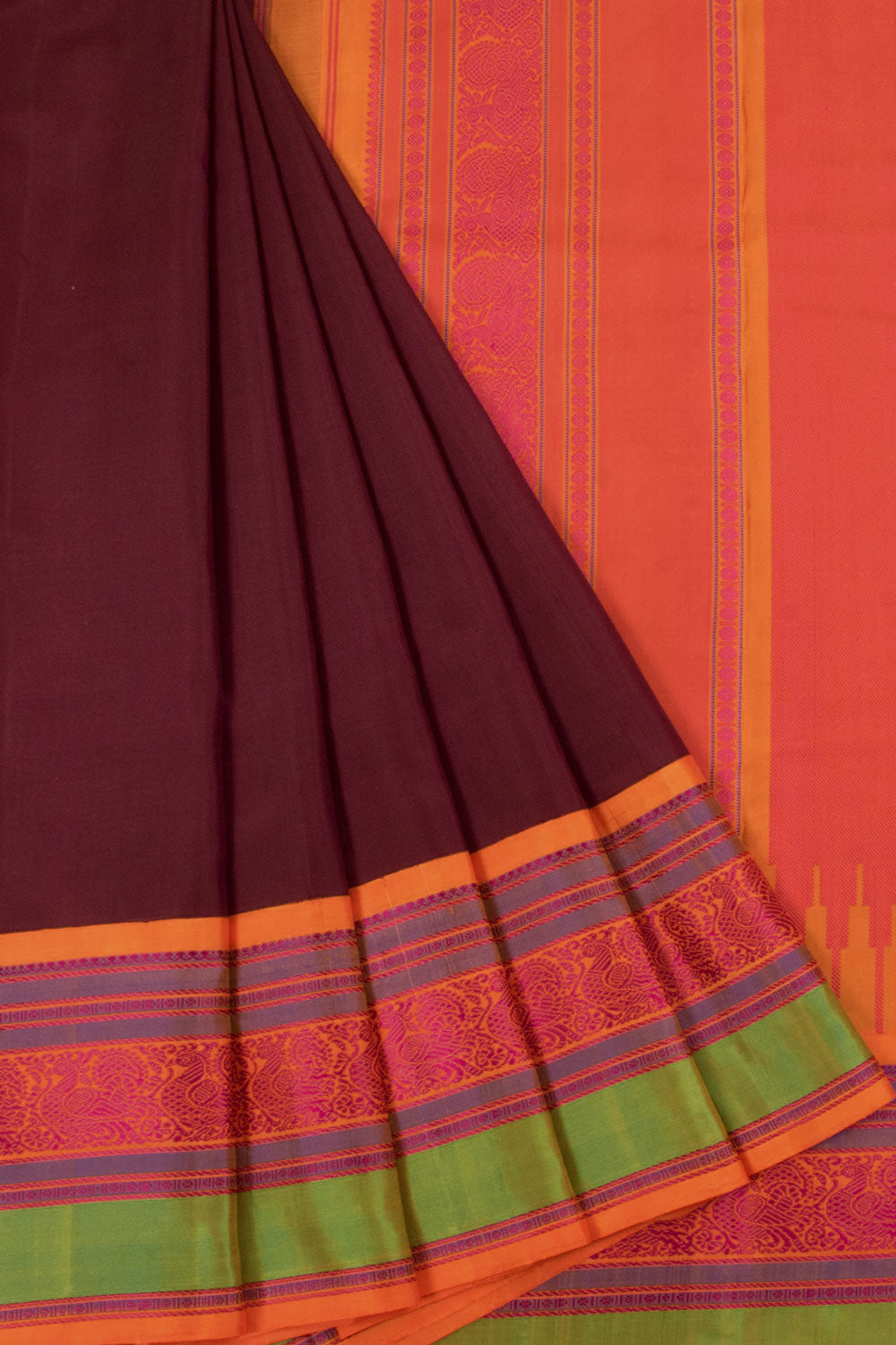 Handloom Threadwork Korvai Kanjivaram Pure Silk Saree with Peacock Motifs Border