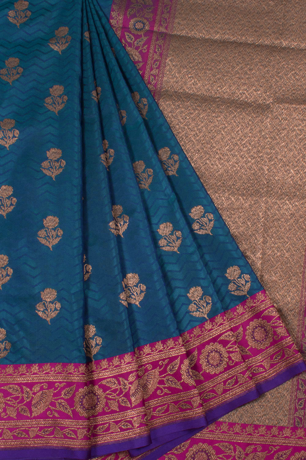 Handloom Banarasi Katrua Katan Silk Saree with Floral Motifs and Zigzag Design