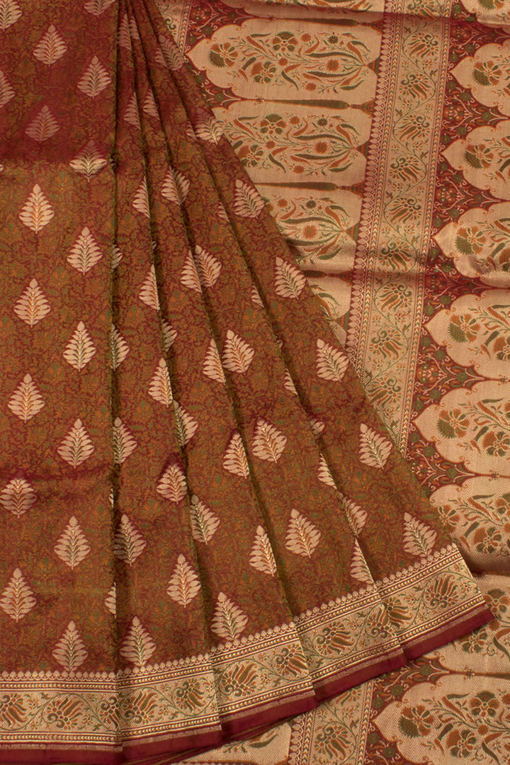 Handloom Banarasi Tanchoi Katan Silk Saree with Floral Design and Resham Zari Border 