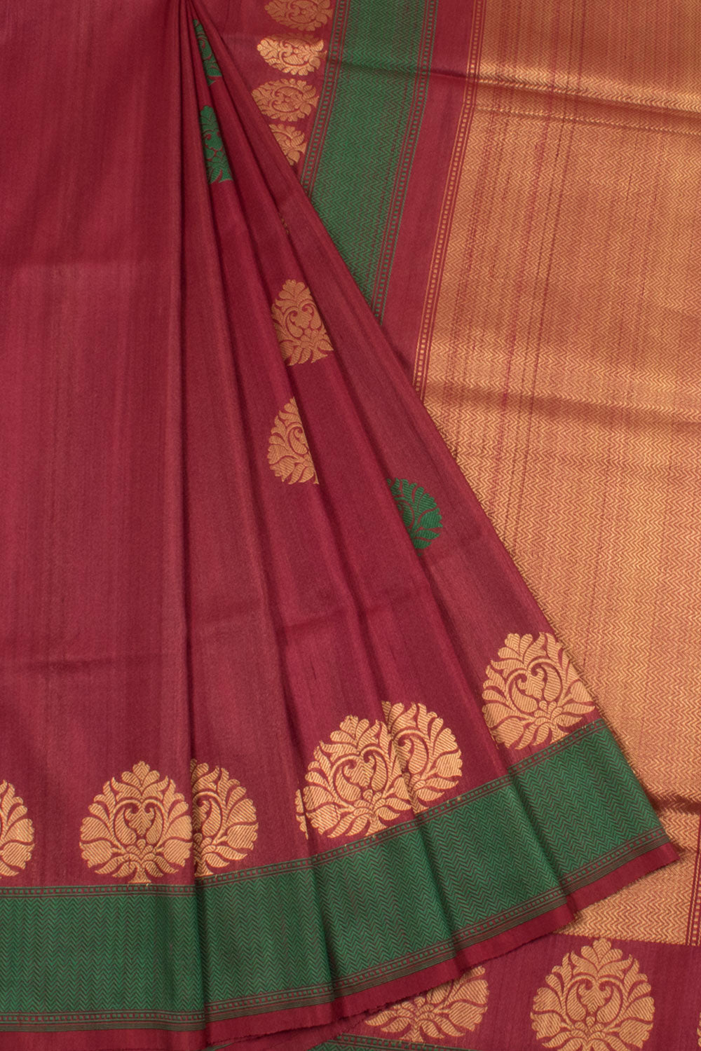 Handloom Banarasi Kadhwa Tussar Silk Saree with Floral Motifs and Zigzag Border