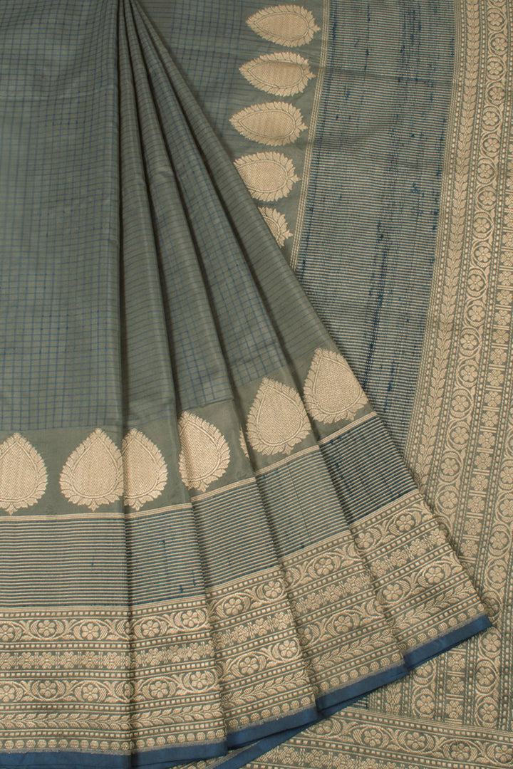 Handloom Banarasi Katan Silk Saree with Checks Design and Floral Border