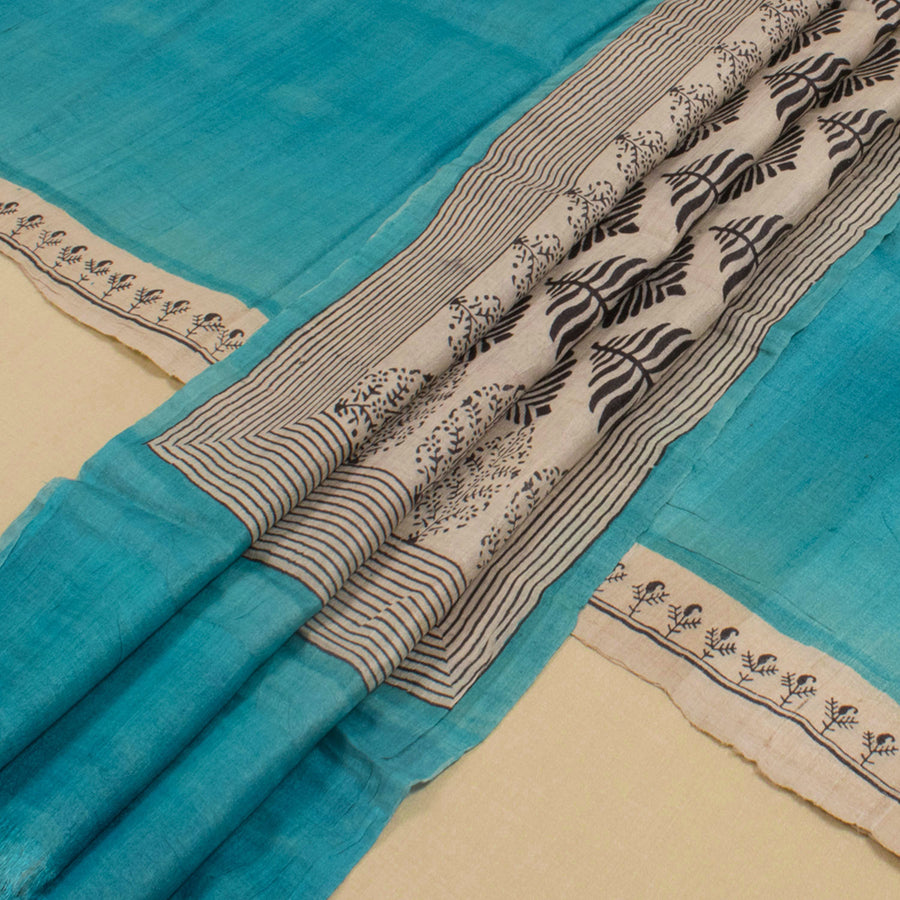 Hand Block Printed Tussar Silk 3-Piece Salwar Suit Material With Leaf Motifs Dupatta