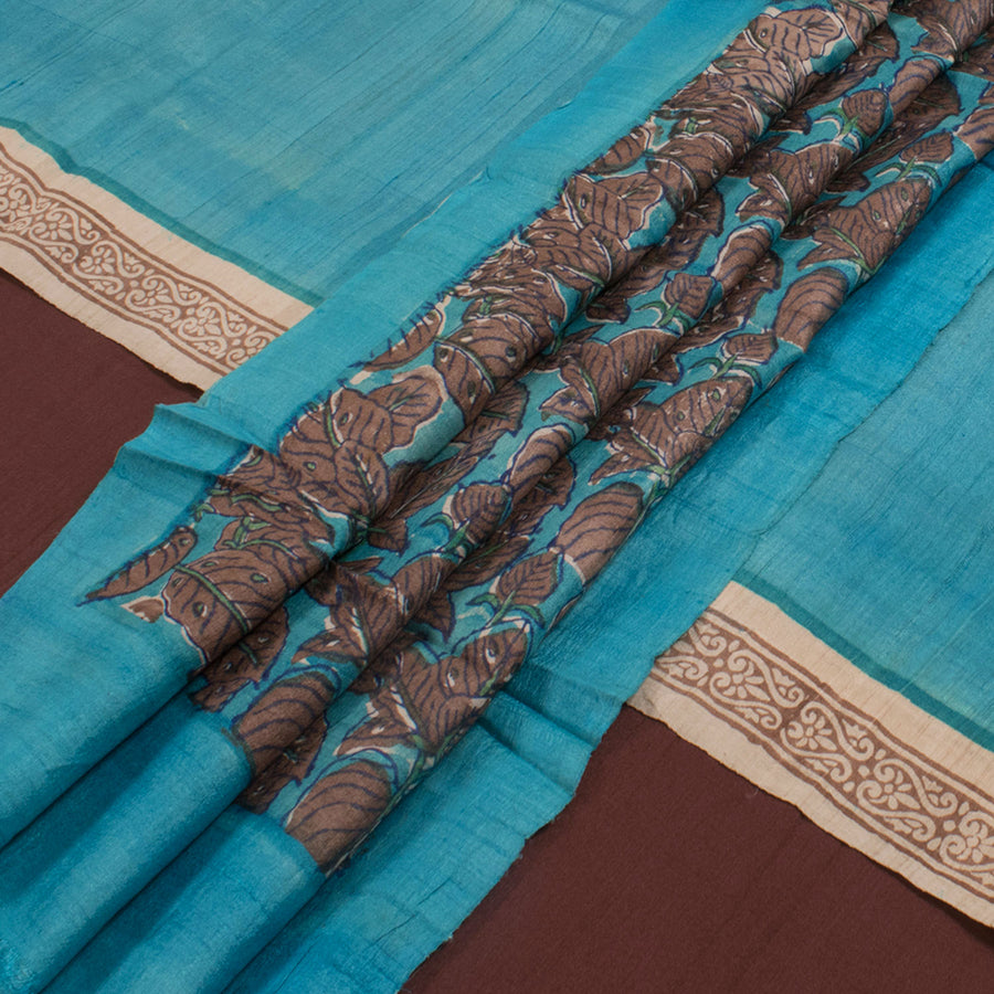 Hand Block Printed Tussar Silk 3-Piece Salwar Suit Material With Floral Motifs Dupatta 