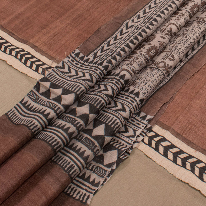 Hand Block Printed Tussar Silk 3-Piece Salwar Suit Material with a Statement Dupatta
