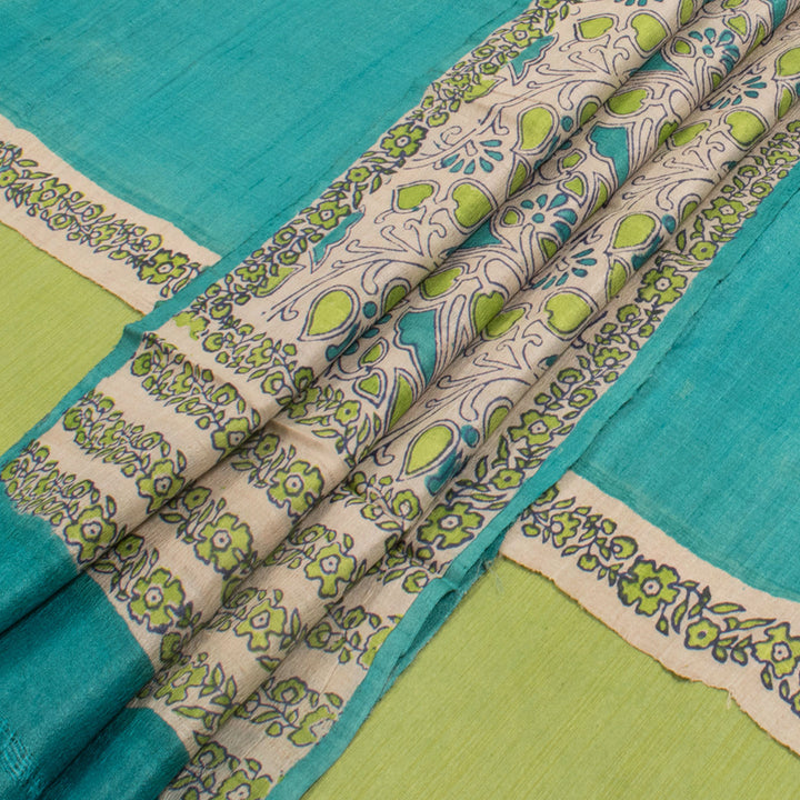 Hand Block Printed Tussar Silk 3-Piece Salwar Suit Material With Floral Motifs Dupatta