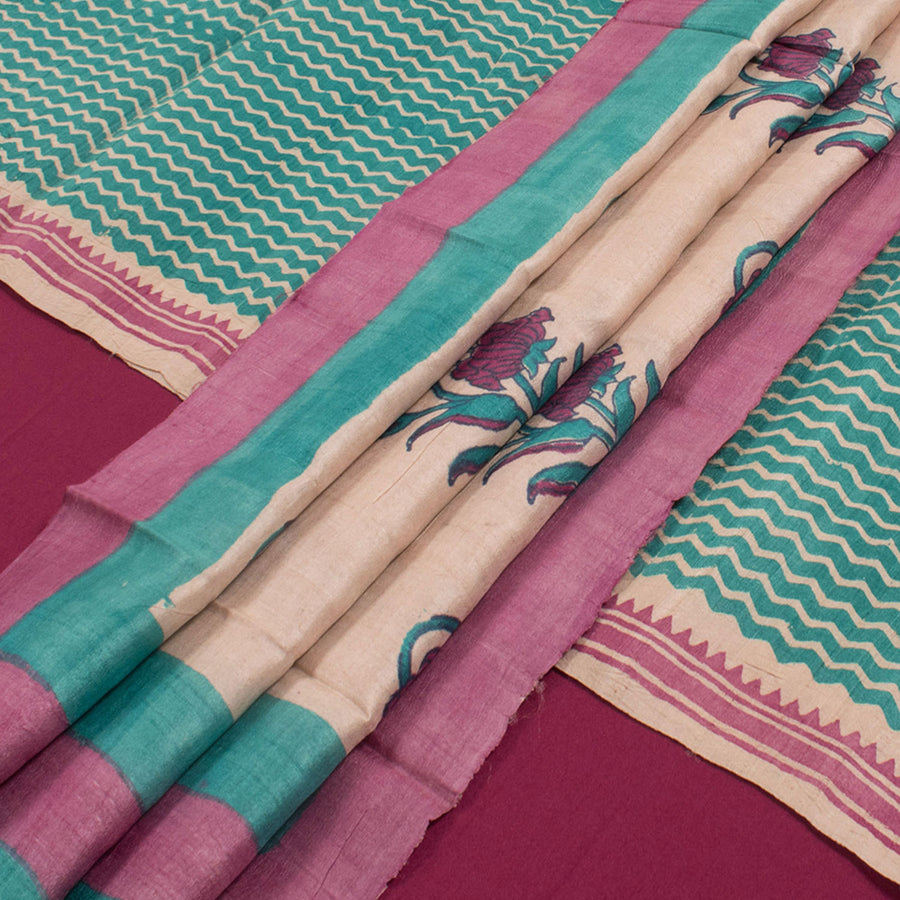 Hand Block Printed Tussar Silk 3-Piece Salwar Suit Material in Zigzag Design With Floral Motifs Dupatta