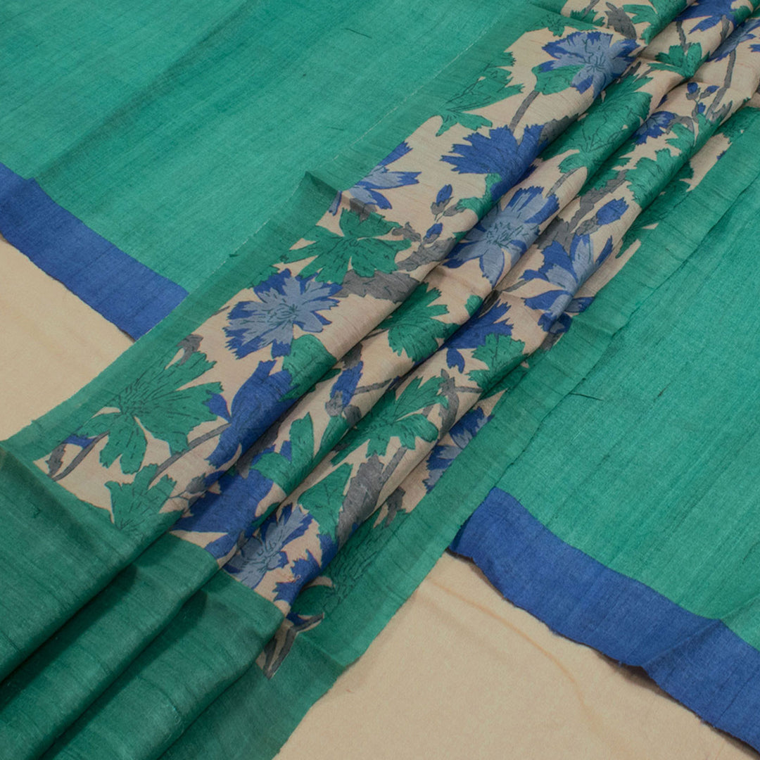 Hand Block Printed Tussar Silk 3-Piece Salwar Suit Material With Floral Motifs Dupatta