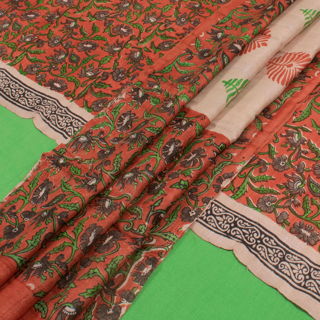 Hand Block Printed Tussar Silk 3-Piece Salwar Suit Material With Floral Motifs