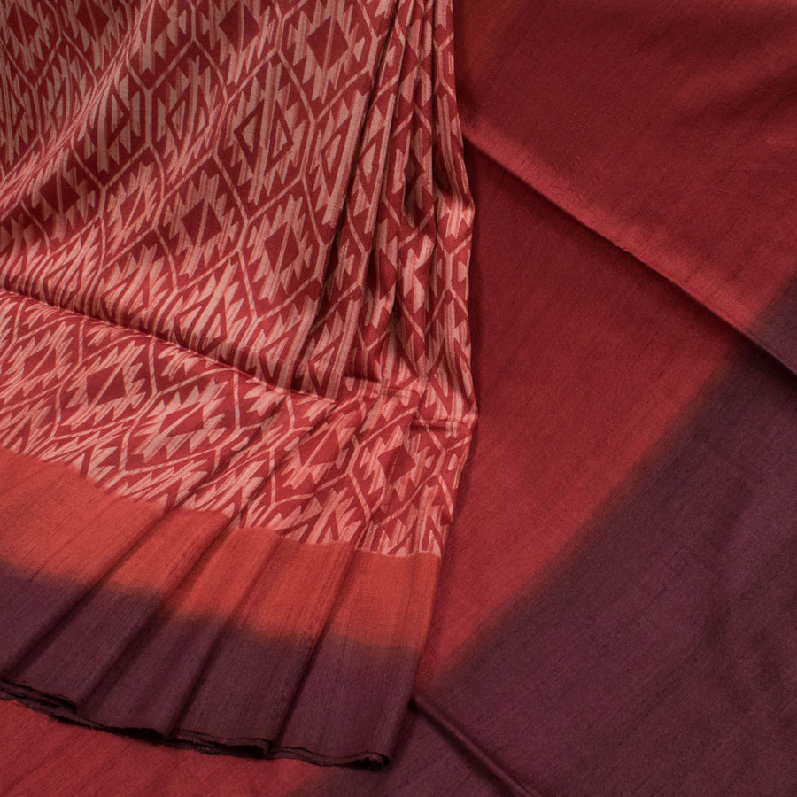 Hand Block Printed Tussar Silk Saree with Geometric Pattern and Ombre Dyed Pallu
