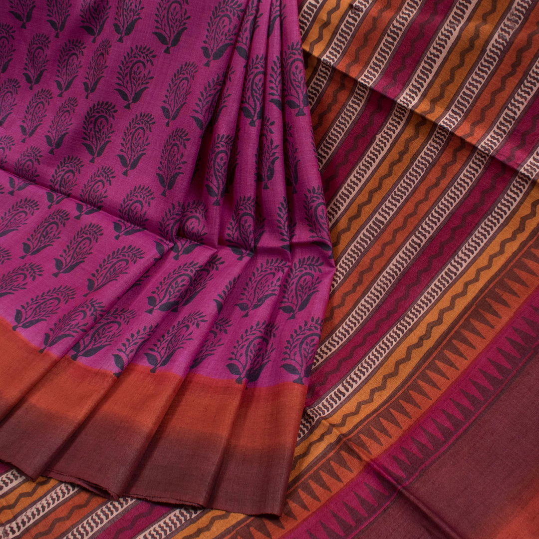 Hand Block Printed Tussar Silk Saree with Floral Motifs