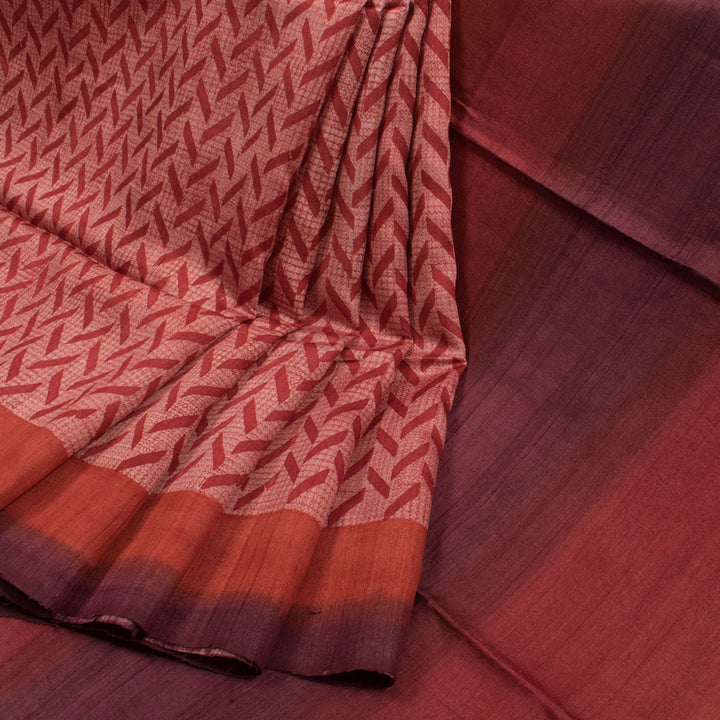Hand Block Printed Tussar Silk Saree with Geometric Pattern and Ombre Dyed Pallu