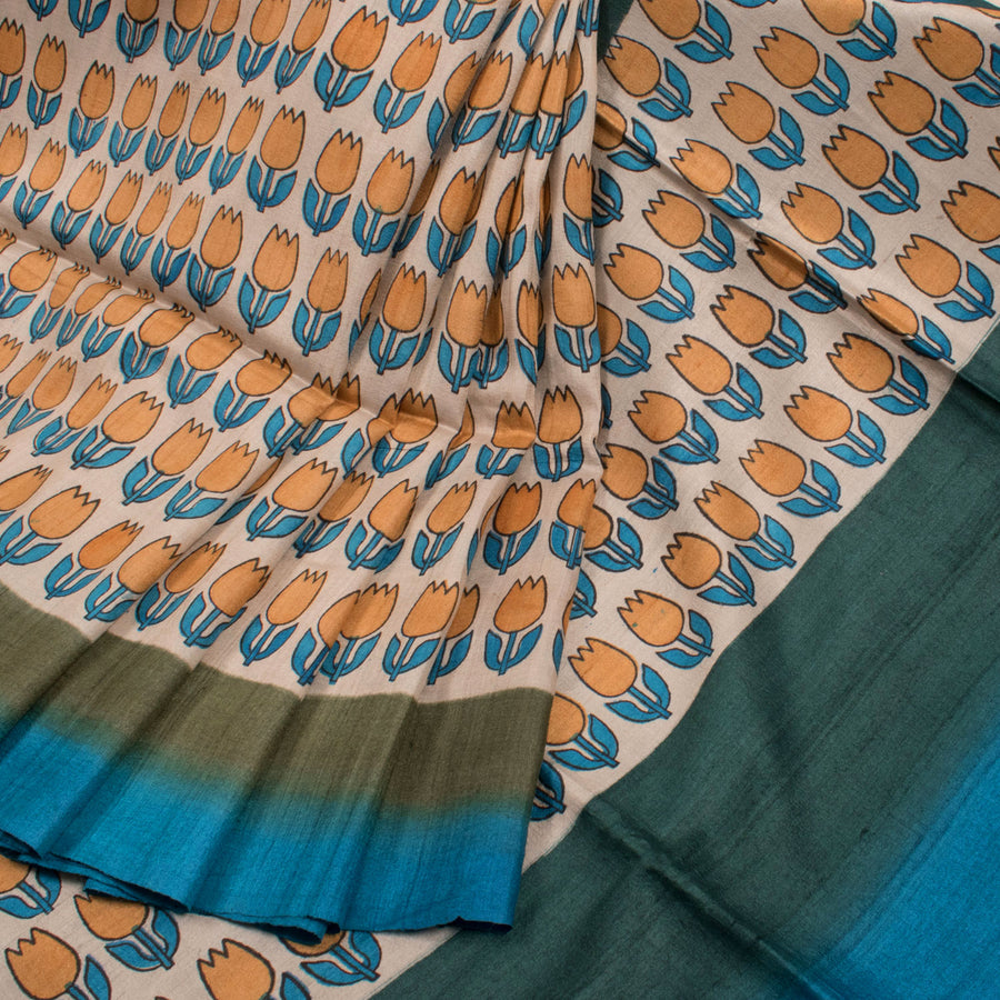 Hand Block Printed Tussar Silk Saree with Floral Motifs