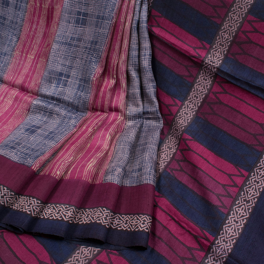 Hand Block Printed Tussar Silk Saree with Crisscross lines design and Floral motif border 