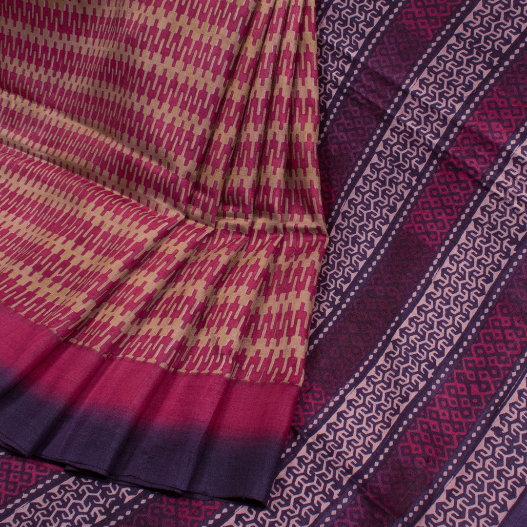 Hand Block Printed Tussar Silk Saree With Hand Block Printed Tussar Silk Saree with Zig Zag Pattern 