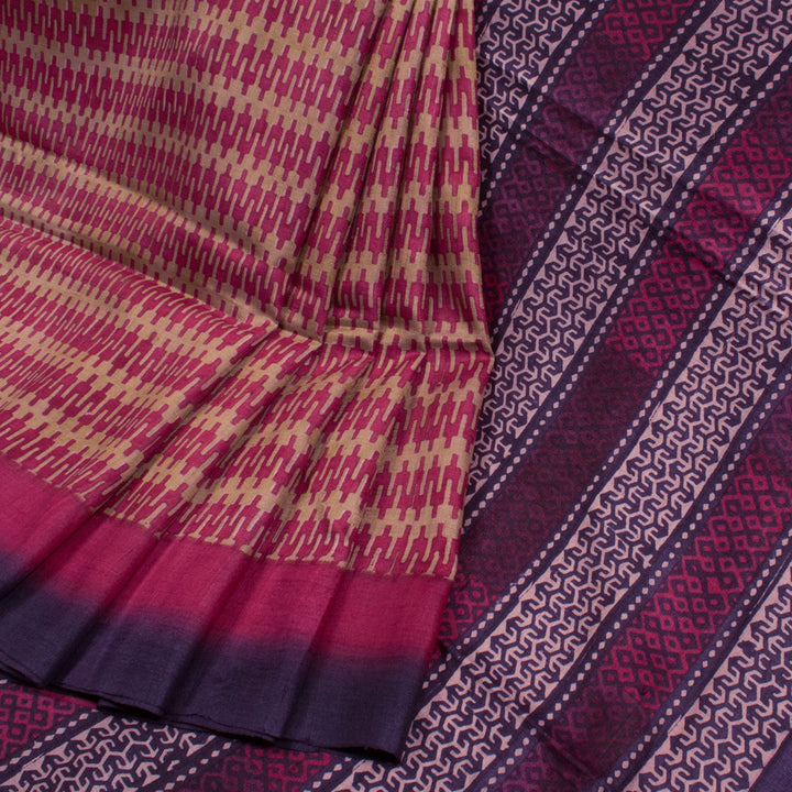 Hand Block Printed Tussar Silk Saree With Hand Block Printed Tussar Silk Saree with Zig Zag Pattern 