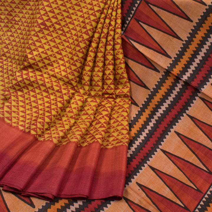 Hand Block Printed Tussar Silk Saree with Geometric Pattern Pallu