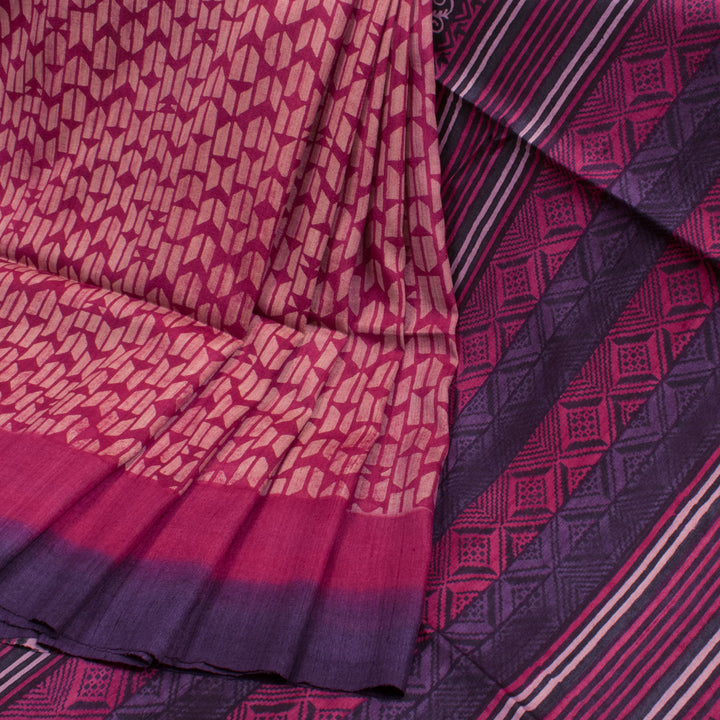 Hand Block Printed Tussar Silk Saree with Geometric Pattern