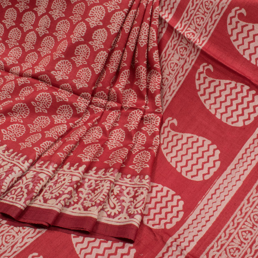 Hand Block Printed Tussar Silk Saree with Floral Motifs and Paisley Pallu