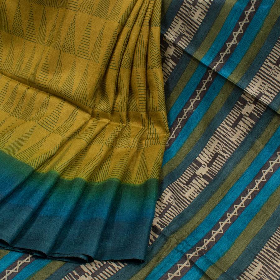 Hand Block Printed Tussar Silk Saree With Hand Block Printed Tussar Silk Saree With Geometric Pattern