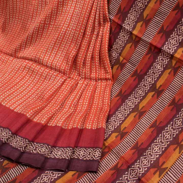 Hand Block Printed Tussar Silk Saree With Floral Motifs and Geometric Design Pallu