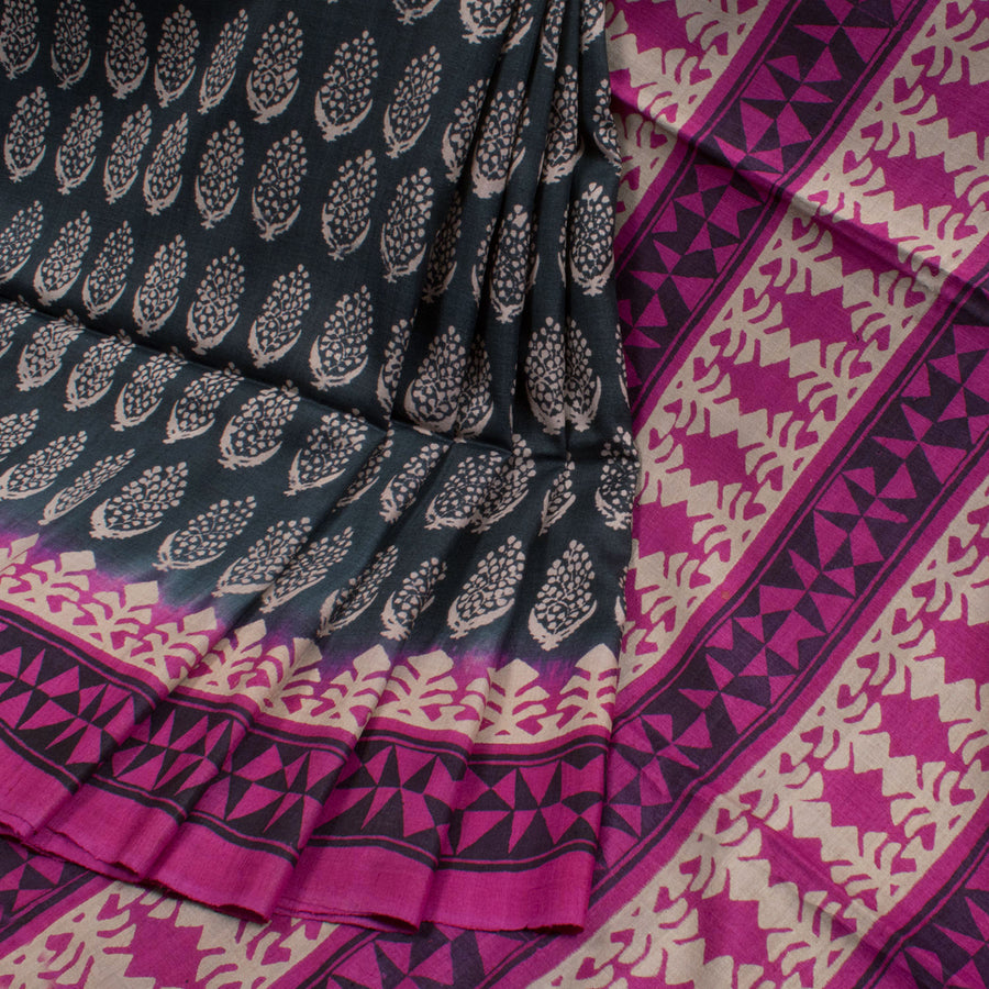 Hand Block Printed Tussar Silk Saree With Floral Motifs and Abstract Border