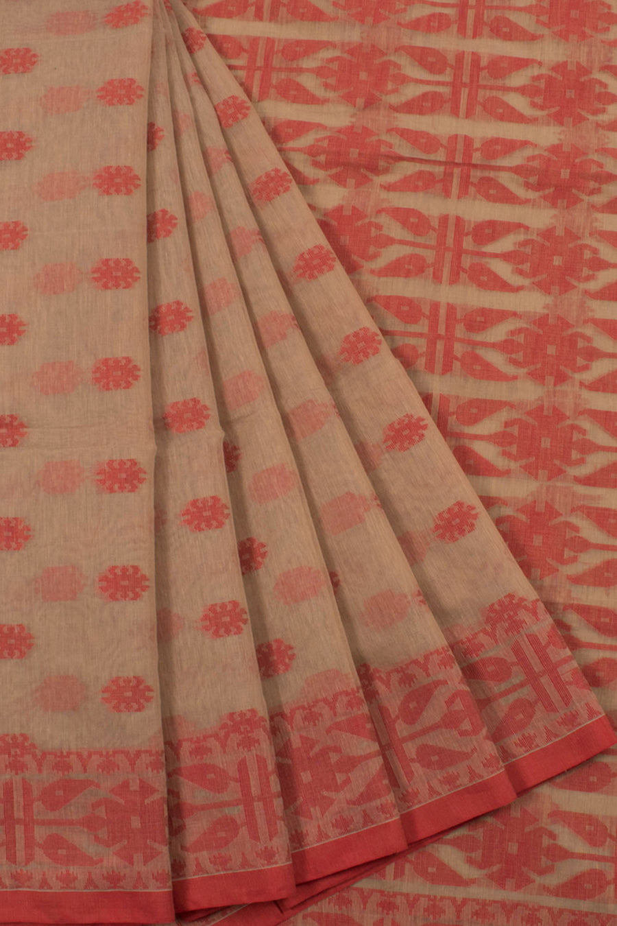 Handloom Jamdani Cotton Saree with Floral, Geometric Design