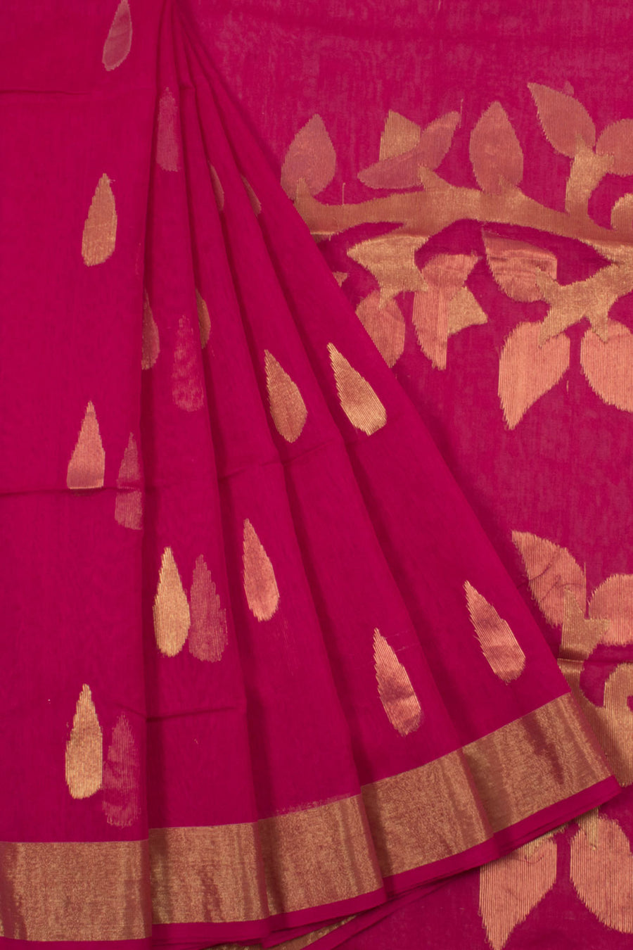 Handloom Jamdani Silk Cotton Saree with Raindrop Zari Motifs and Muslin Floral Pallu