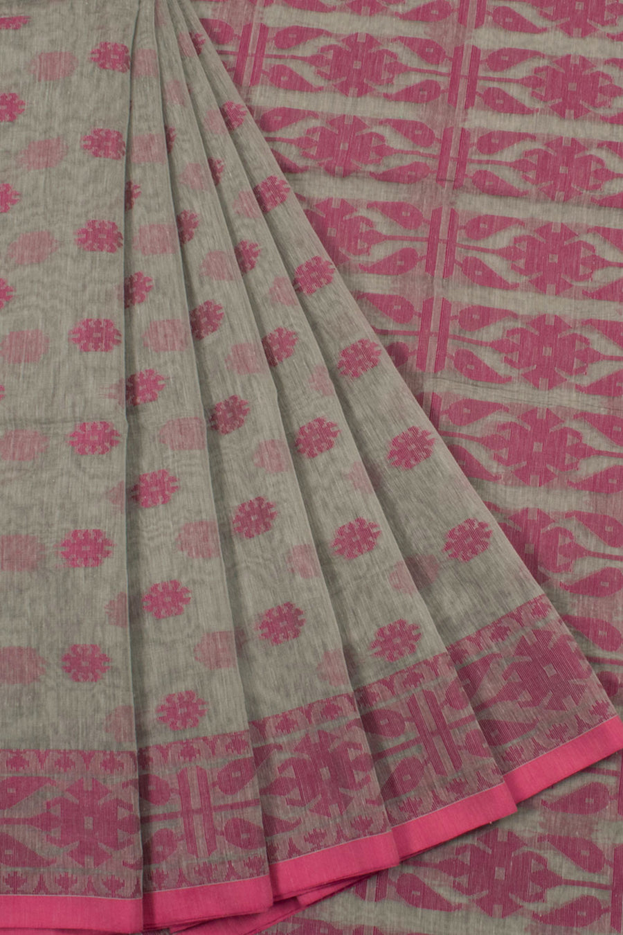 Handloom Jamdani Style Cotton Saree with Floral, Geometric Design 