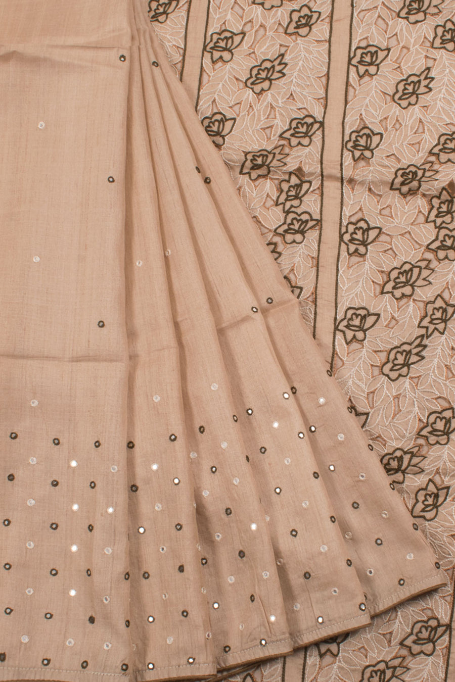 Handloom Bengal Tussar Silk Saree with Mirror Work and Cut Work Pallu