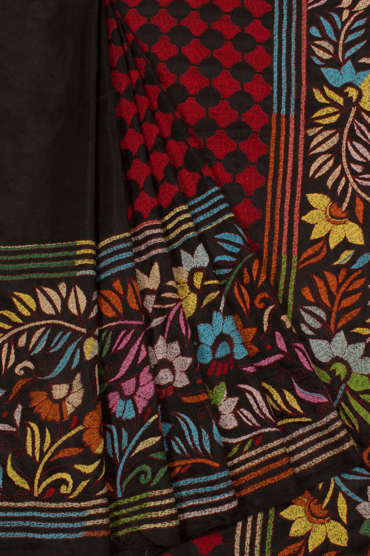 Handloom Half and Half Kantha Embroidered Silk Saree with Multicolour Thread work Design