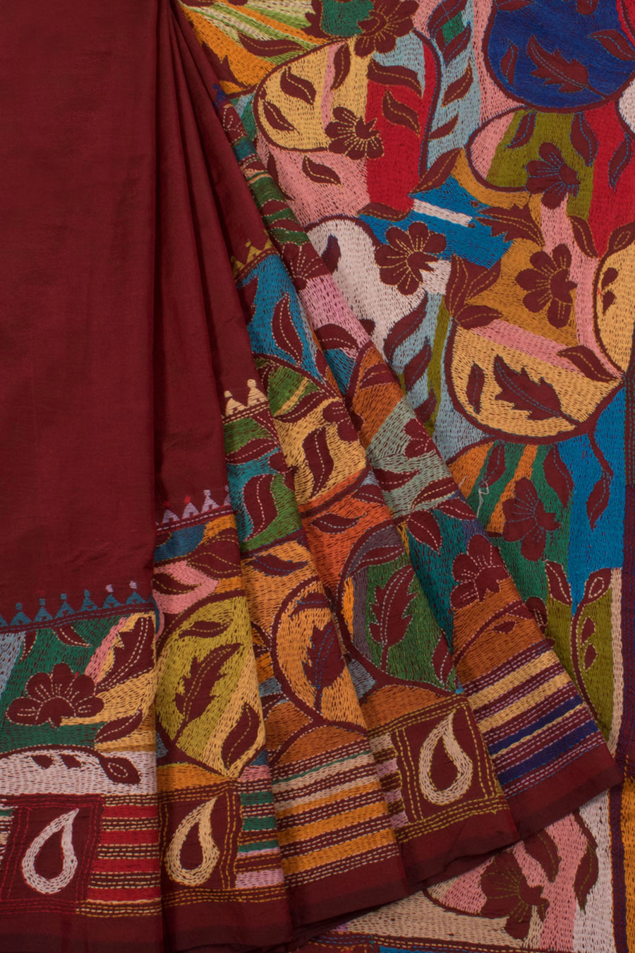 Handloom Kantha Embroidered Silk Saree with Multicolour Thread work Design and Rising Border 