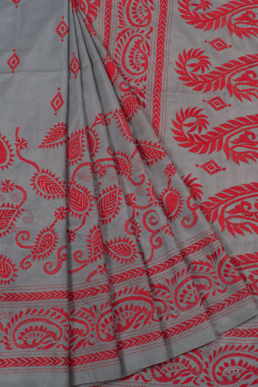 Handloom Half and Half Kantha Embroidered Silk Saree with Floral Design