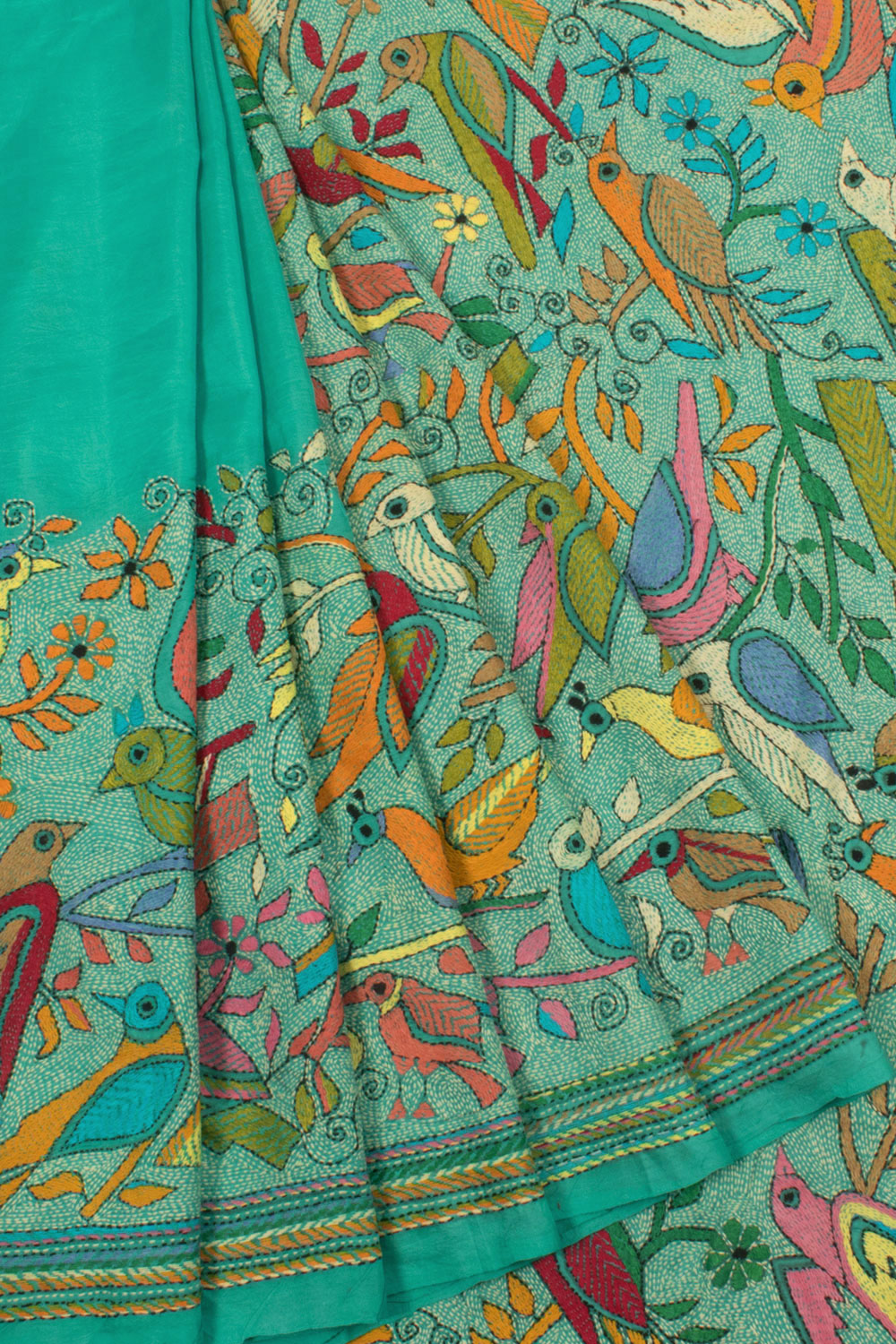 Handloom Kantha Embroidered Silk Saree with Multicolour Thread work Birds Design