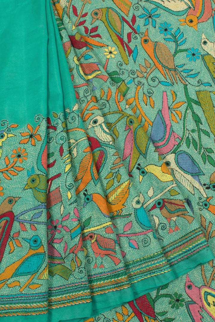 Handloom Kantha Embroidered Silk Saree with Multicolour Thread work Birds Design
