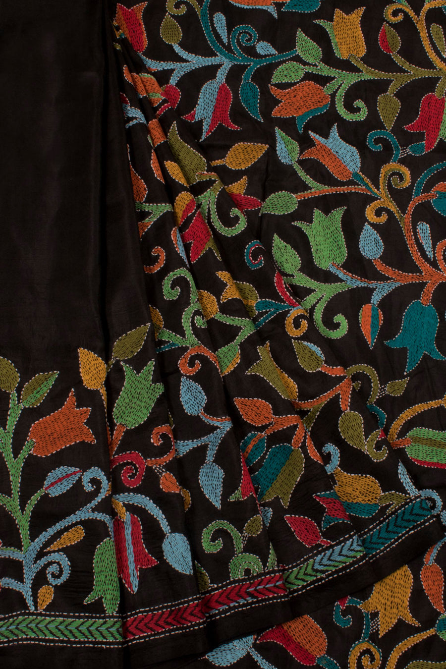 Handloom Half and Half Kantha Embroidered Silk Saree with Multicolour Thread work Floral Design