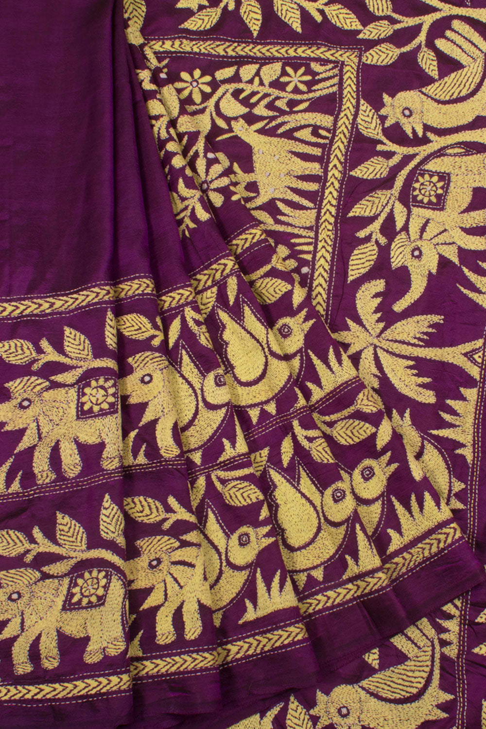 Handloom Half and Half Kantha Embroidered Silk Saree with Elephant, Bird, Floral Design