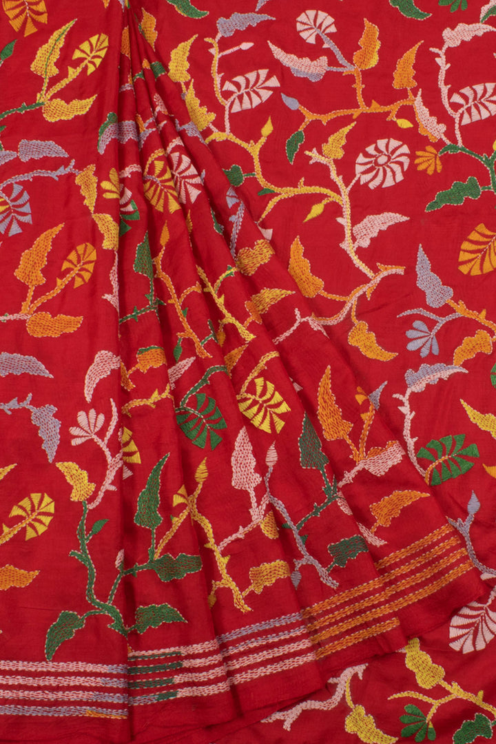 Handloom Kantha Embroidered Silk Saree with Allover Floral Design