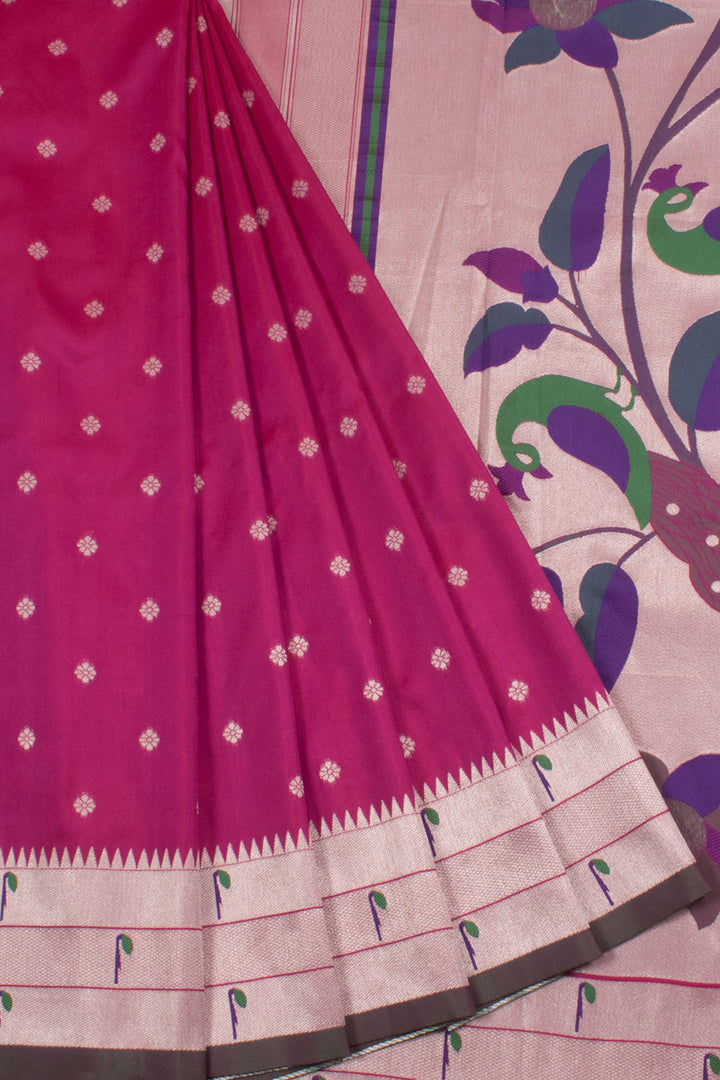 Handloom Gadwal Silk Saree with allover Silver Zari Floral Motifs and Paithani Style Peacock Pallu and Border 