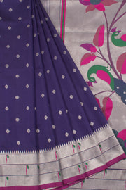 Handloom Gadwal Silk Saree with allover Silver Zari Floral Motifs and Paithani Style Peacock Pallu and Border 