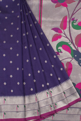 Handloom Gadwal Silk Saree with allover Silver Zari Floral Motifs and Paithani Style Peacock Pallu and Border 