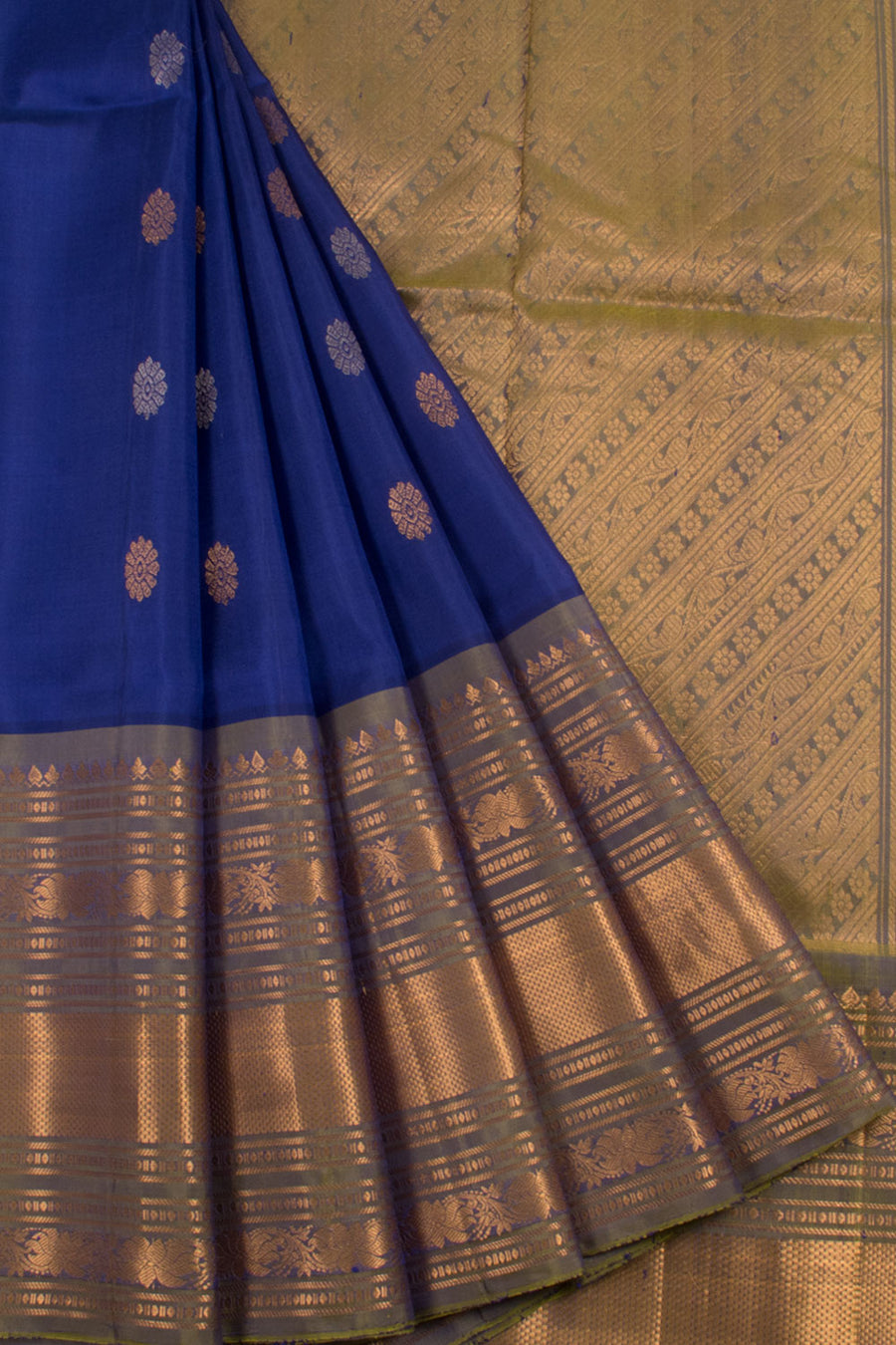 Handloom Gadwal Silk Saree with Gold, Silver Zari Floral Motifs and Zari Border