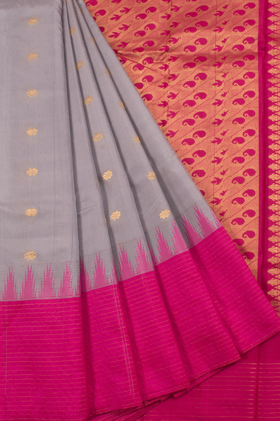 Handloom Gadwal Kuttu Silk Saree with allover Floral Motifs and Temple Rekku Zari Stripes Border