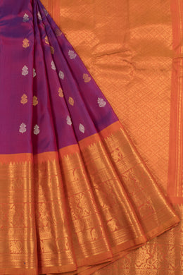 Handloom Gadwal Silk Saree with Gold, Silver Zari Floral Motifs and Peacock, Elephant Zari Border