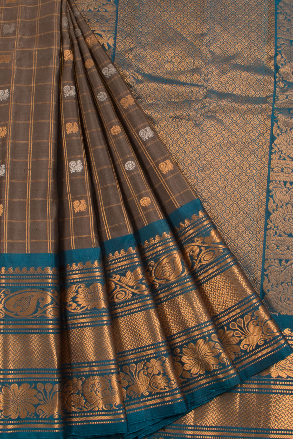 Handloom Gadwal Silk Saree with Zari Checks Design and Peacock Motifs and Twill Weave, Floral, Paisley Border