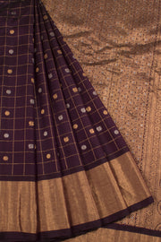 Handloom Gadwal Silk Saree with Zari Checks Design and Gold, Silver Zari Peacock Motifs