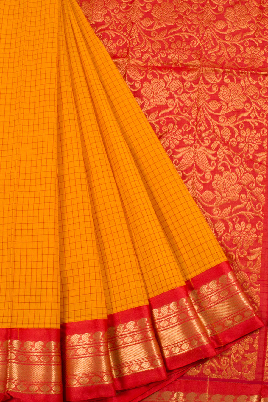 Orange Handwoven Gadwal Kuttu Cotton Saree with Checks Design, Silk Border and Pallu