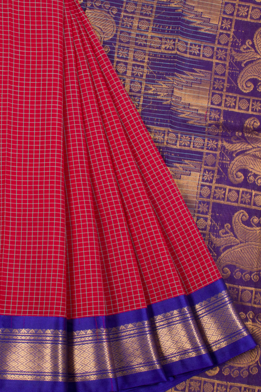 Red Gadwal Kuttu Cotton Saree with checks, Silk Border, Pallu and Without Blouse