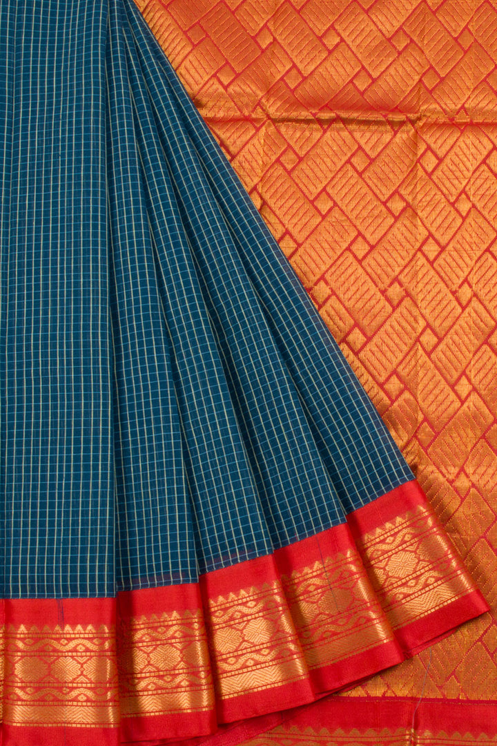 Teal Blue Gadwal Kuttu Cotton Saree with checks, Silk Border, Pallu and Without Blouse 