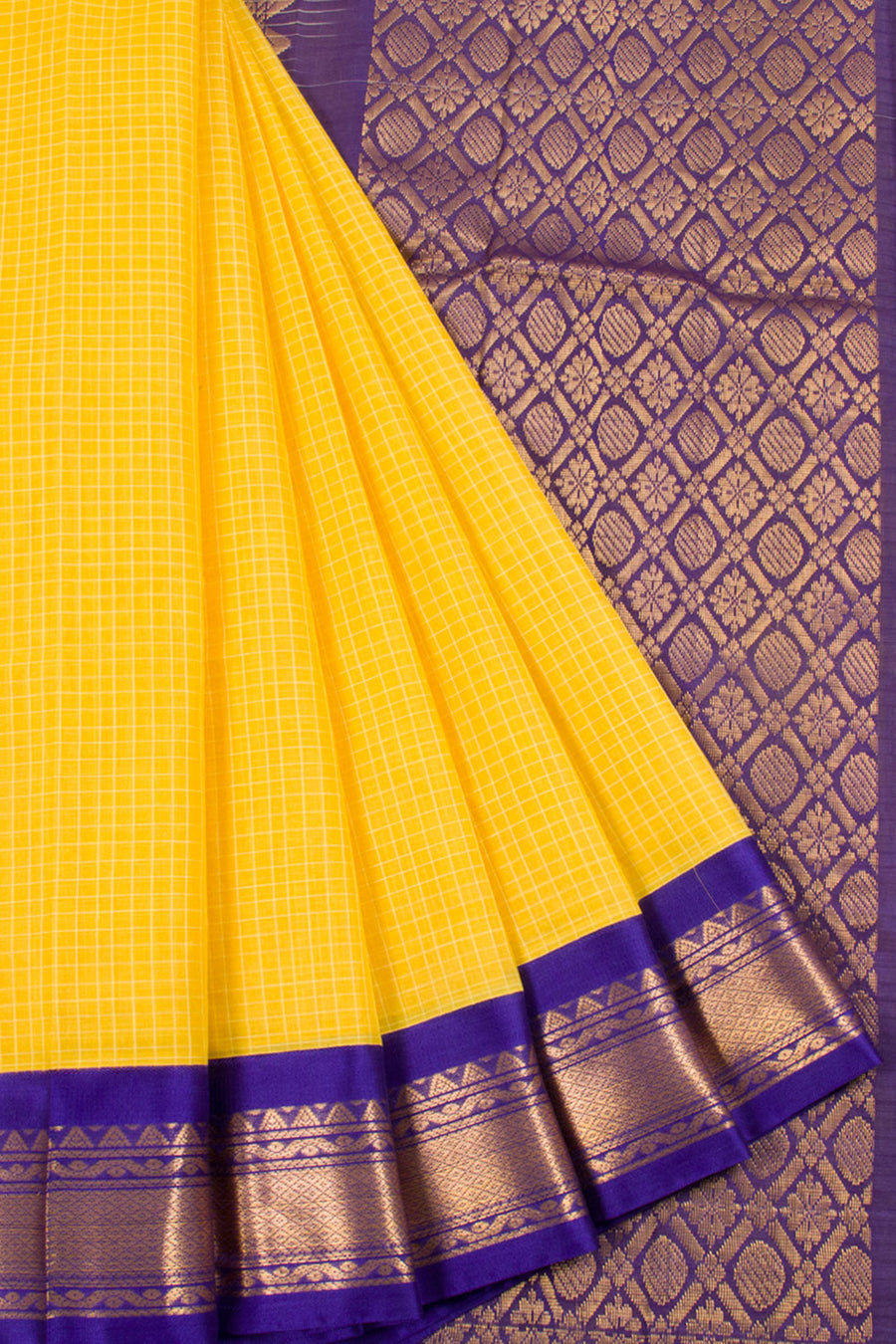 Yellow Gadwal Kuttu Cotton Saree with Checks, Silk Border, Pallu and Without Blouse